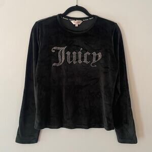 Juicy Couture Black Velour Long Sleeve Jeweled Crewneck Shirt Y2K Women's Large